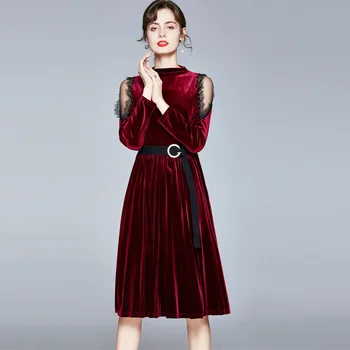 

2020 Autumn & Winter New European & American Christmas Red Gold Velvet High Waist Slimming Temperament Women Dress Free Shipping