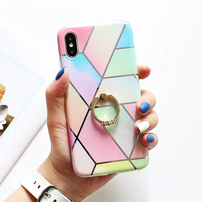d Чехол для телефона LOVECOM для iPhone 11 Pro XR XS Max 6 6S 7 8 Plus X Мягкая Гальваническая мраморная задняя крышка с кольцом на палец - Цвет: d