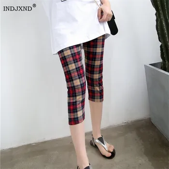 オンライン Indjxnd フィットネスレギンスチェック柄印刷レギンスハイウエストヒップ通気性ポリエステル女性レギンスカプリパンツスキニーパンツ