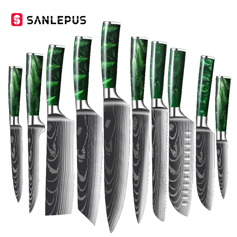 SANLEPUS 10 PCS Kitchen Knives Set Exquisite Green Resin Handle Laser Damascus Pattern Chef Knife Santoku Cleaver Slicing | Дом и сад