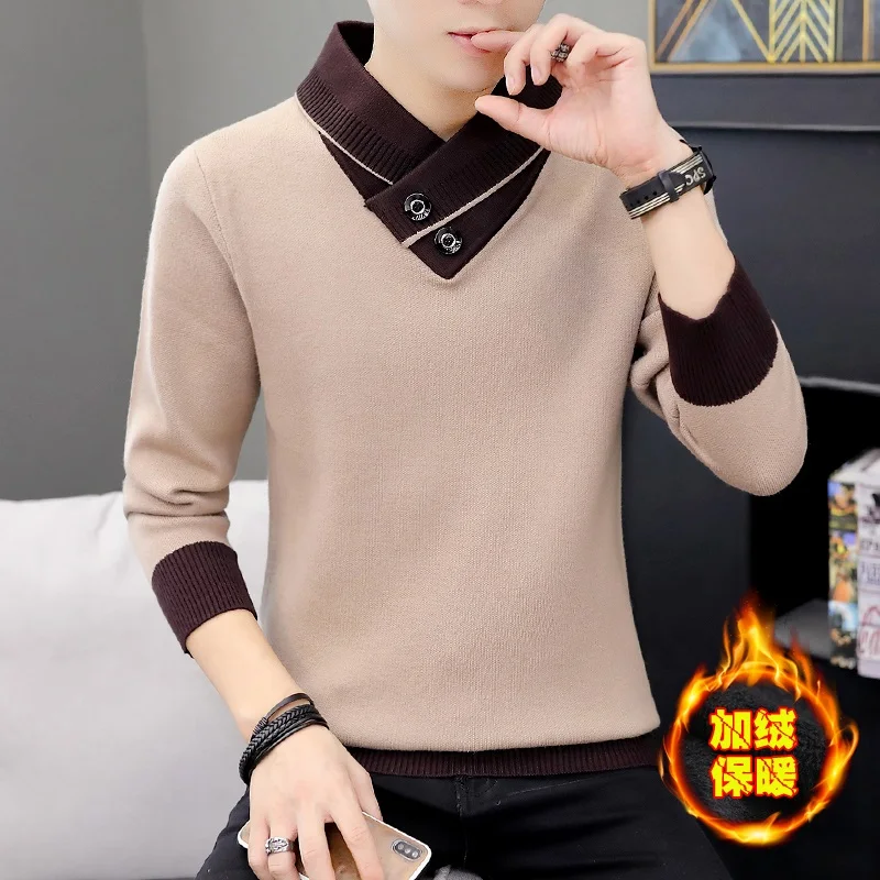 

Autumn Winter Mens Fake Two Pieces Sweaters Thick Warm Plush Liner Long Sleeve Top Knitted Male Sweater T192