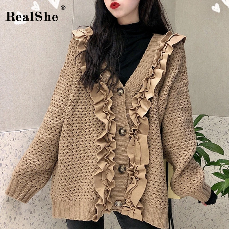 RealShe Ruffles Knitted Sweater Cardigan V-neck Long Sleeve Buttons Solid Female Spring Casual Elegant Women |