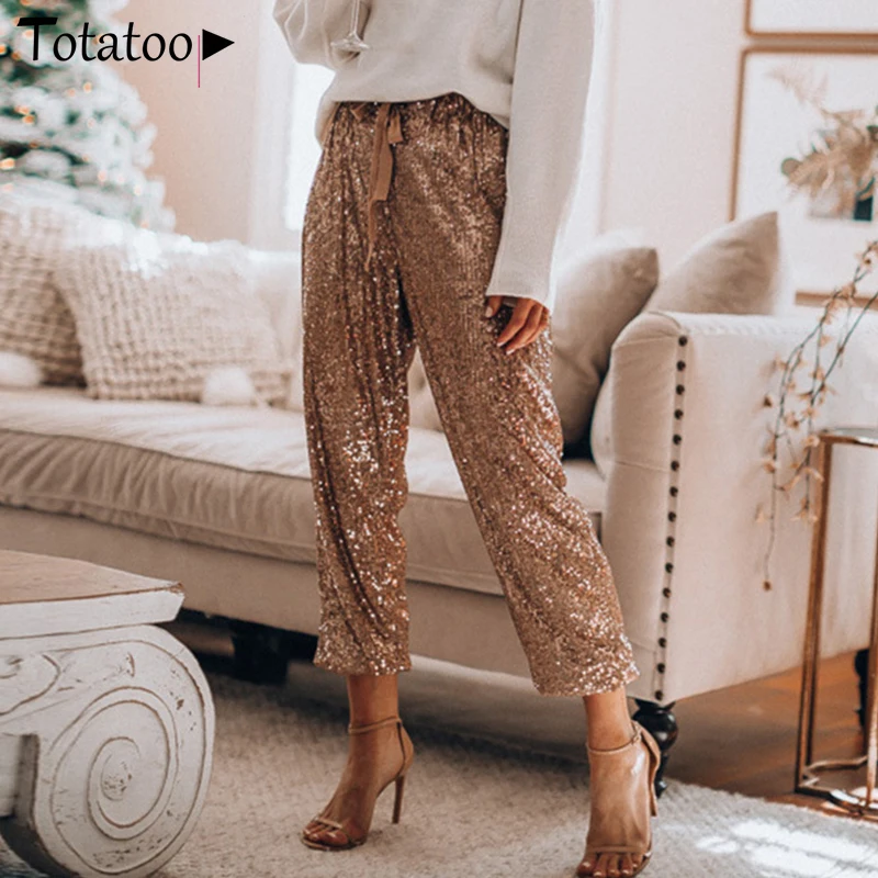 

Totatoop Gold Sequined Glitter Long Pants Women 2020 Summer Festival Office Lady Casual Straight Trousers Streetwear Casual Pant
