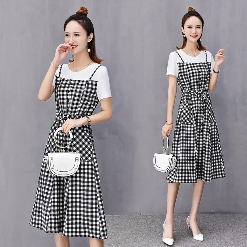 

2019 Summer Camisole Plaid Dress Fake Two-Piece Mid-length Elegant Literature And Art-Style A- line Chiffon Dress