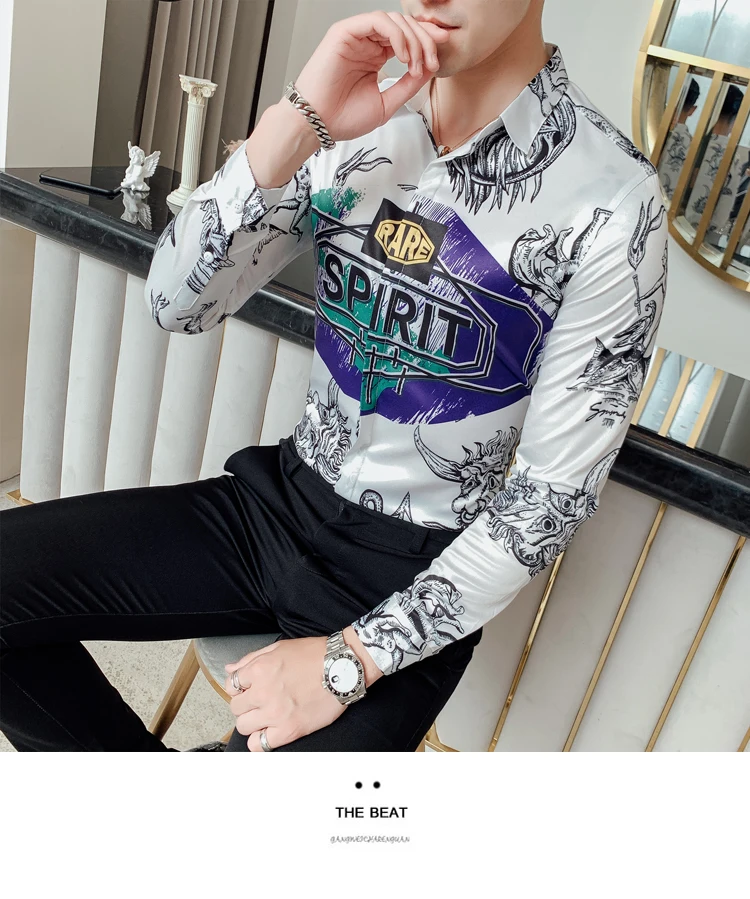 Chemise homme, Качественная мужская рубашка, весна, с принтом, дизайнерская рубашка с надписью, Мужская Уличная одежда с длинным рукавом, облегающие рубашки