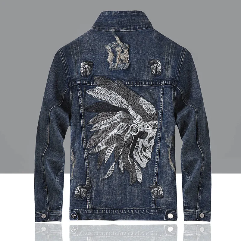 

KIMSERE Fashion Hi Street Ripped Jean Jackets With Embroidery For Man Streetwear Distressed Embroidered Denim Trucker Outerwear