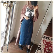Sk9013 мусульманская Мода ins популярная длинная джинсовая юбка на пуговицах
