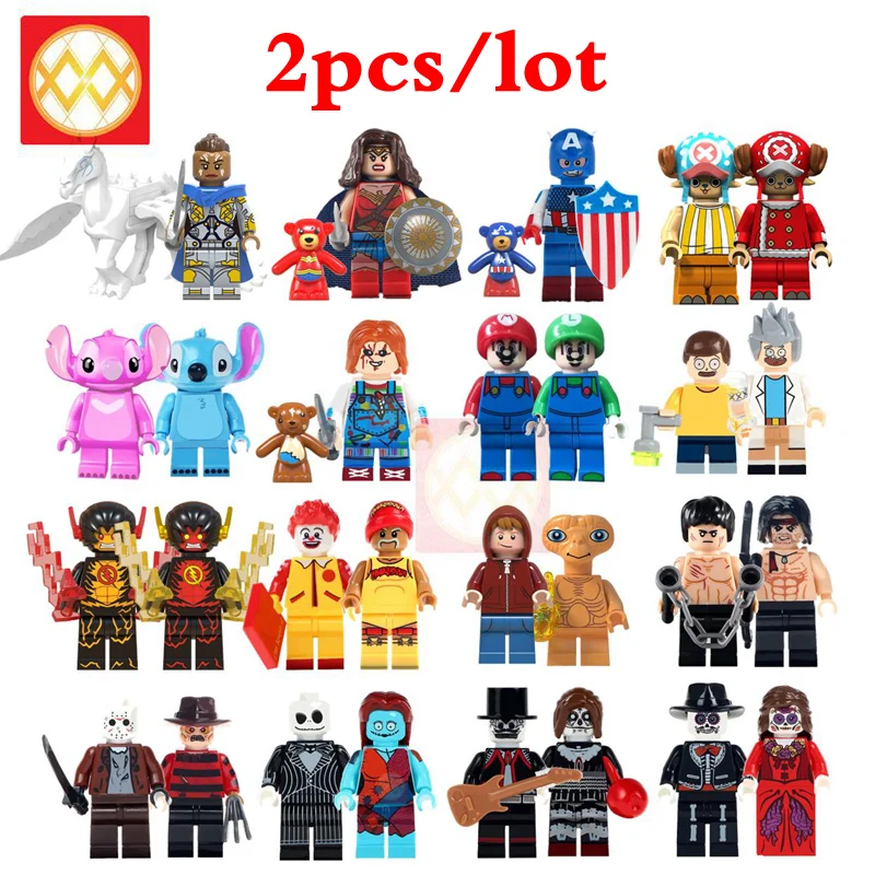 

2PCS\LOT Stitch Angie Mario Luigi Rick Morty Freddy Jason ET Alien Flash Wonder Woman Couple Building Blocks Toys Birthday Gifts