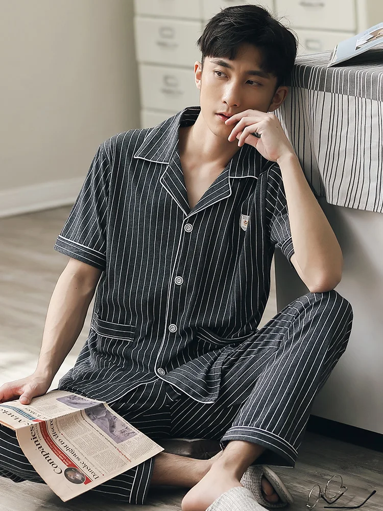 Summer 100% Cotton Pajamas Set Men Striped Short Sleeves Sleepwear Homewear Plus Size Pijama Hombre PJs Cotton Pyjama Homme