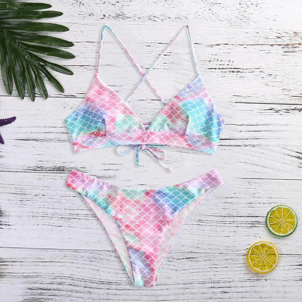 JAYCOSIN Gradient Color Strap Swimwear Women Split Bikini Swimsuit Suit Beach Bath Fish Scale Print Fashion Sweet Simple | Женская