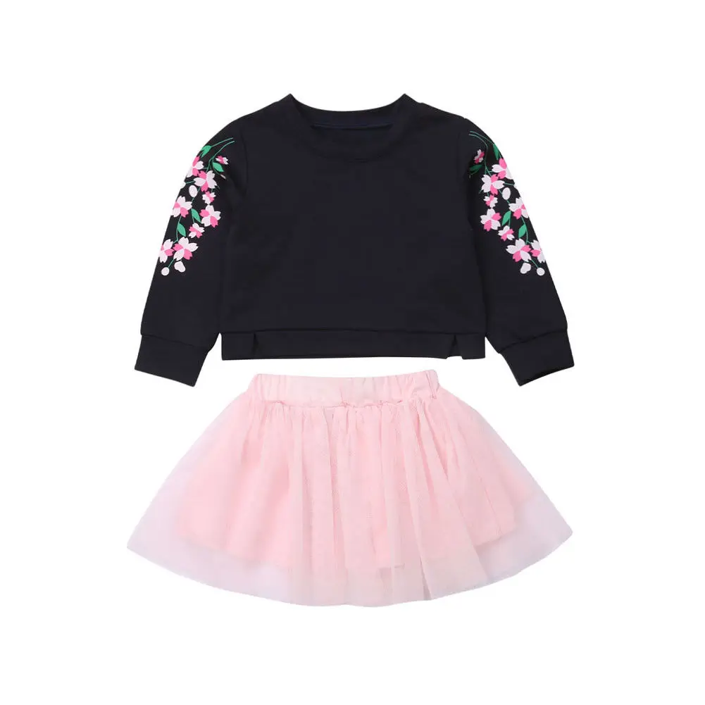 Комплект из 2 предметов: топ с длинными рукавами и цветочным принтом и сетчатая юбка; одежда для маленьких девочек