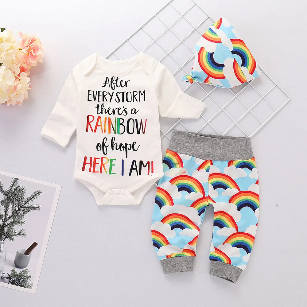 Комплект одежды с длинными рукавами для новорожденных из 3 предметов, Радужный комбинезон с буквенным принтом для маленьких мальчиков и девочек, комплект одежды с радужными штанами