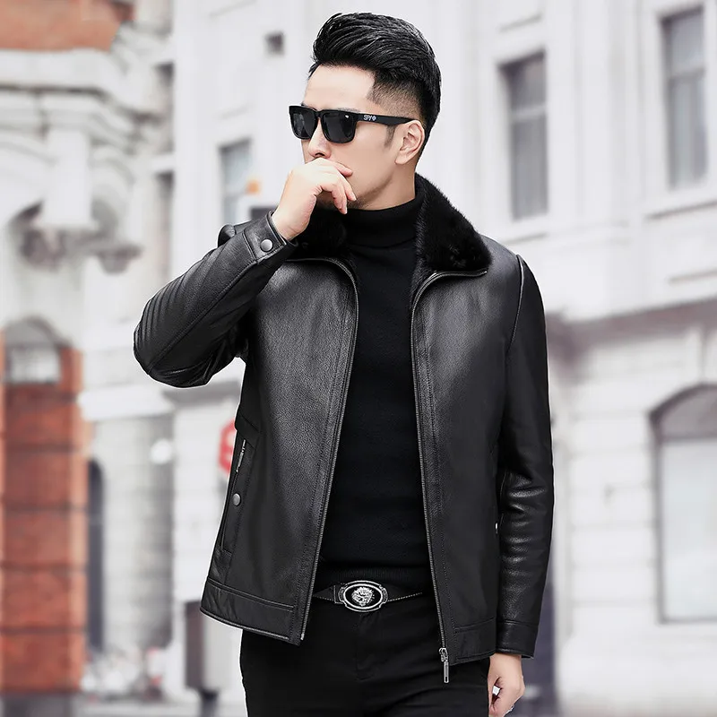 AYUNSUE Men's Real Mink Fur Coat Winter Genuine Leather Jacket Men Goatskin Leather Warm Mens Mink Coats A19-17857 KJ3814