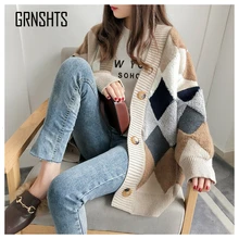 Женские трикотажные изделия осень модные повседневные шахматные кардиганы декорированные v-образным вырезом однобортные пышные перчатки SW658