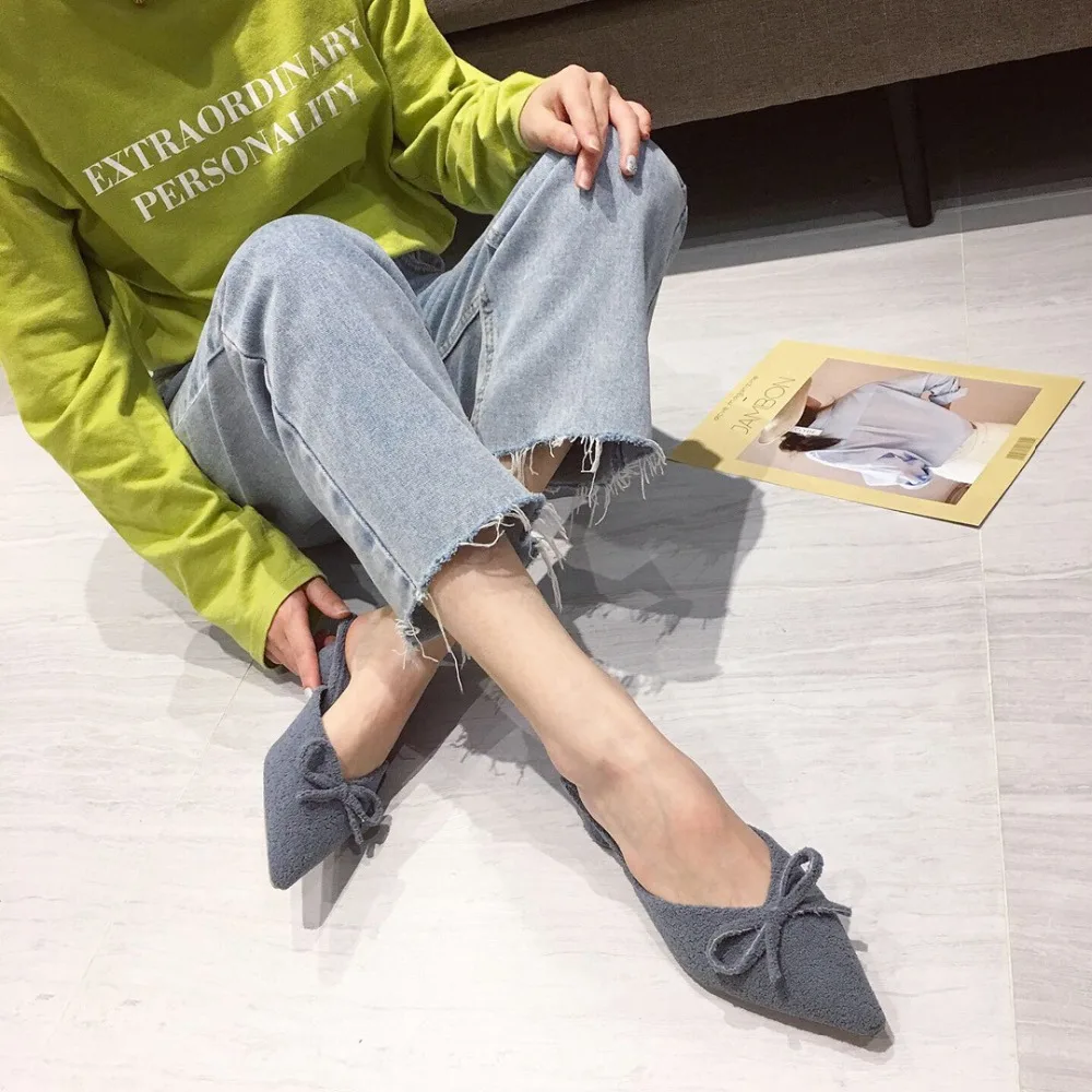 Famous Designer bow-knot wool mules shoes woman pointed toe furry slippers winter low heels shallow curl fur flip flops slides