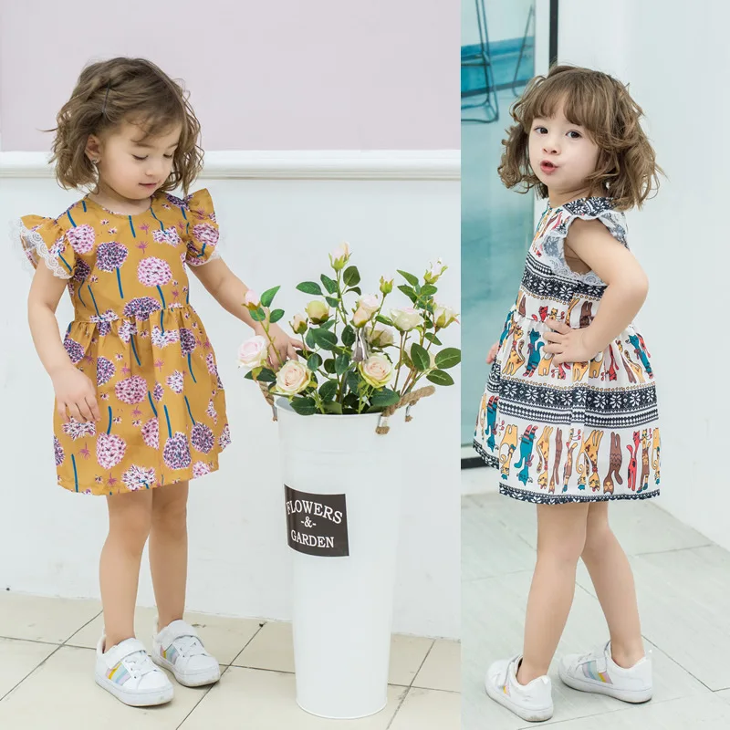 

Summer Girl Dress Baby Girl Flower Sleeve Princess Dress Baby Cute Printed Dress Kids Dresses for Girls Little Girls Clothing