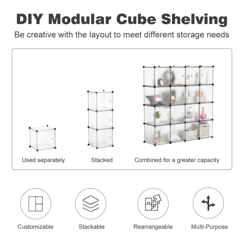 LANGRIA 16 Cube DIY Modular Storage Closet Plastic Cube Mutiluse Oragnizer Storage Wardrobes Closet Cabinet Bedroom Living Room