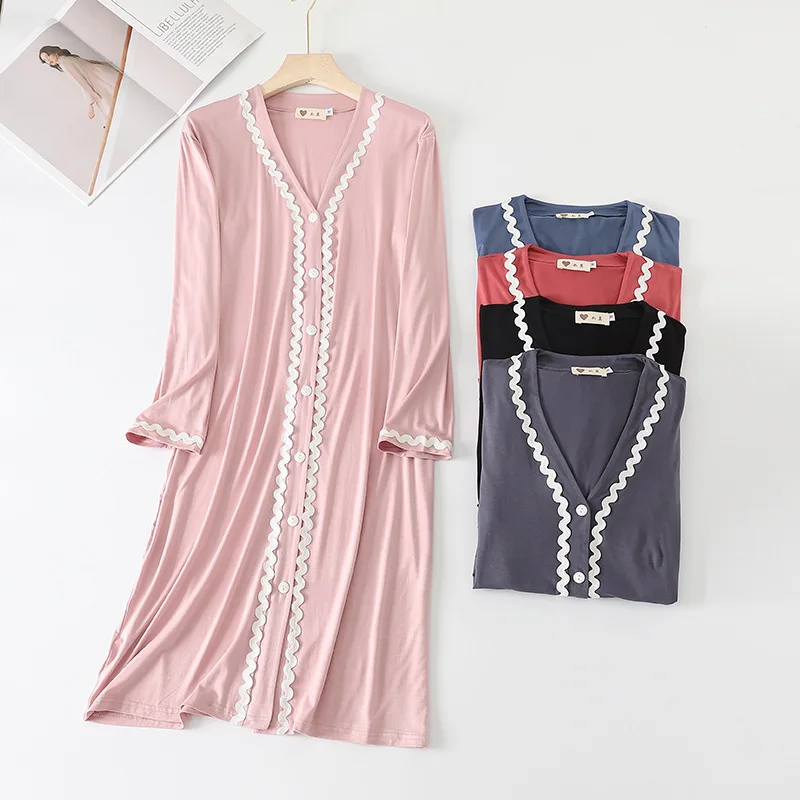 Langarm V-ausschnitt Modale Baumwolle Nachtwäsche Süße Spitze Nacht Kleid Casual Lose Nachthemden Für Frauen Frühling Herbst Hause Kleidung – Detail 7