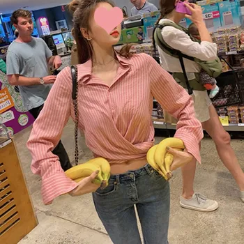 

(Women's Shirt Korean Stripe Irregular Fresh Simple Long Sleeve Blouse Casual Clothing