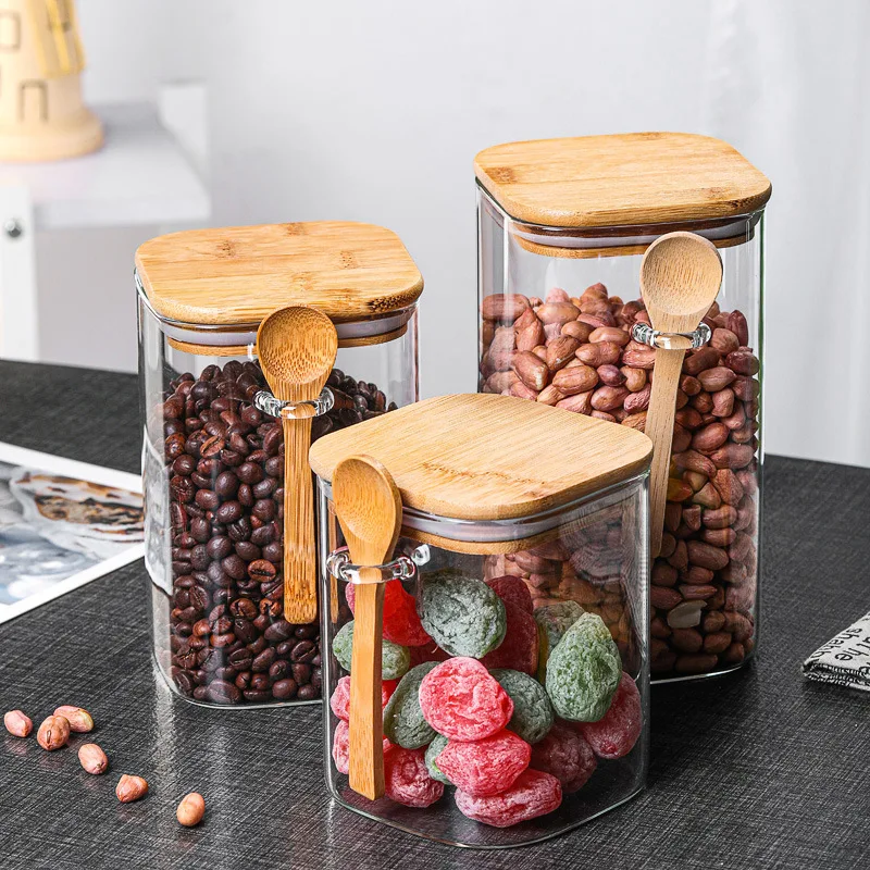 Bamboo Lid Glass Sealed Cans with Spoon Coffee Bean Storage Airtight Bottle Kitchen Jar Tea Spice Seasoning Jars | Дом и сад