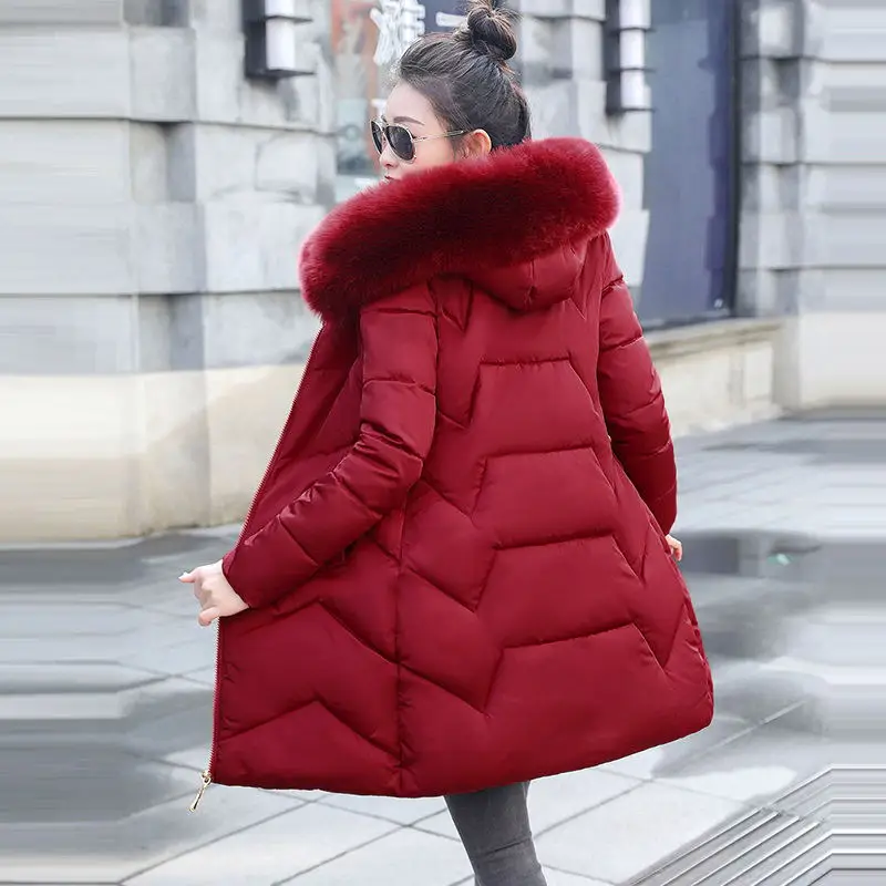 Европейская мода, черная зимняя куртка для женщин, большое меховое пальто, женская куртка, зимняя хлопковая парка с капюшоном, теплые куртки, новинка 7XL - Цвет: Wine red