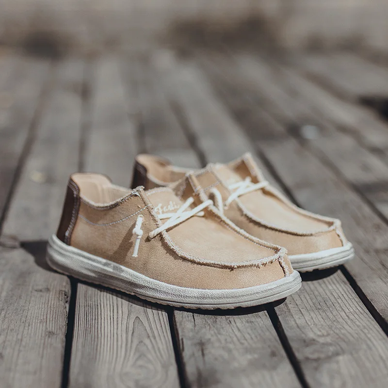 summer canvas men's shoes breathable casual driving shoes slip easy to wear men's flat shoes soft big size loafers - Цвет: Хаки
