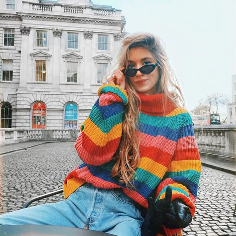 Multi Color Striped Turtleneck Sweater Womens Cozy Long Sleeve Turtle Neck Pullover Jumper Soft Knit Top Harajuku Alt Girl / | Женская