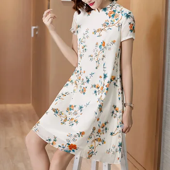 

New 2020 Womens Summer High Fashion Light Luxury Elegant Improved Chinese Style Cheongsam 100%Real Silk Dress Ladies Qipao Dress