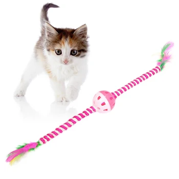 

Funny Cat Pet Cats Sisal Stick Toys with Bells Feather Colorful Squeaky Kittens Toys New