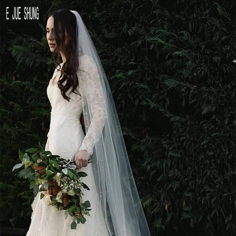 E JUE SHUNG, Свадебные вуали с жемчугом, однослойные, цвета слоновой кости, Длинные вуали для невесты, свадебные аксессуары