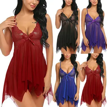 

Newest trendy solid lace deep v-neck Sexy Lingerie Lace Dress Babydoll Women Underwear Nightwear Sleepwear Plus Size S-3XL