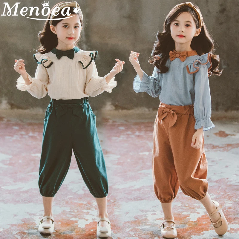 

Menoea 2019 Autumn Clothes new Korean Style Girl Bow Ruffled Shirt 2Pcs Clothes Suit Big Children Temperament Pants Suit
