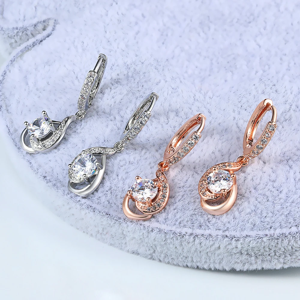 New Classic Spiral Rose Gold Color CZ Cubic Zirconia Dangle Drop Earrings Fashion Engagement Jewelry for Women Gift E685