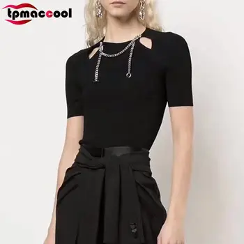 

Tpmaccool luxury designer women summer New round Neck Hollow out Chain Decoration knitted Slim fits Shirt T-shirt Female tops