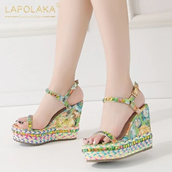 

Lapolaka Hot Sale 2020 Wedges High Heels Mix Color Shoes Woman Pumps Female Buckle Strap Platform Party Pumps Women Shoes