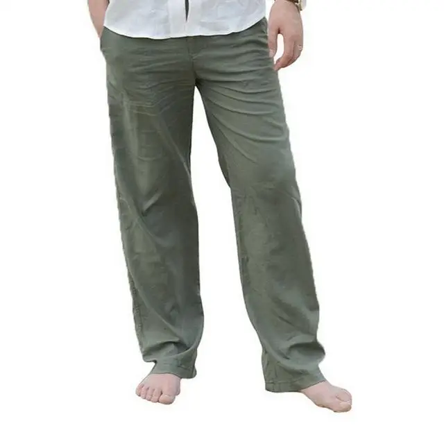 Army Green 1 Новые высококачественные мужские летние повседневные штаны из натурального хлопка и льна, белые льняные прямые мужские штаны с эластичной талией - Цвет: Army Green 1