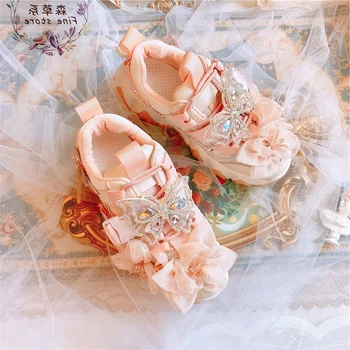 

Princess Pink Lolita Shoes Women Cute Flower Rhinestones Platform Sneakers Wedding Dad Chunky Sneaker Bling Casual Shoes Woman