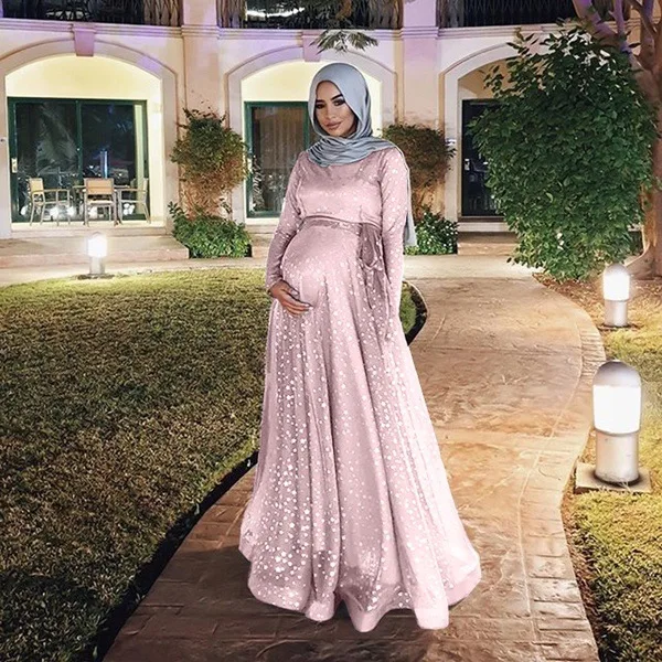 Модное тонкое женское мусульманский с длинным рукавом с цифровым принтом для беременных летнее вечернее платье для беременных Q0901 - Цвет: Розовый