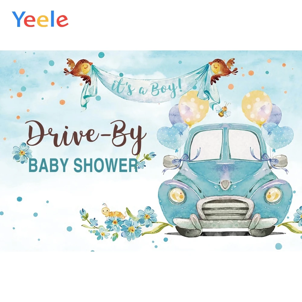 Drive-By Newborn Baby Shower Boy Car Bird Flower Balloon Custom Backdrop Vinyl Photography Backdrops Background Photophone Shoot |