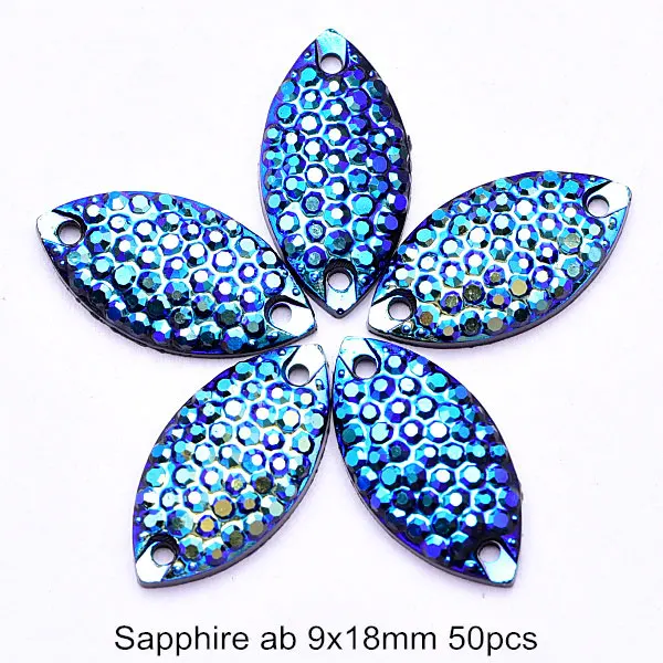Sapphire ab 9x18mm Большая рекламная акция, 50 шт. полимерные пришивные стразы необычной формы, Пришивные кристаллы, каплевидные круглые пришивные камни, аксессуары для рукоделия F0143 - Цвет: Sapphire ab 9x18mm