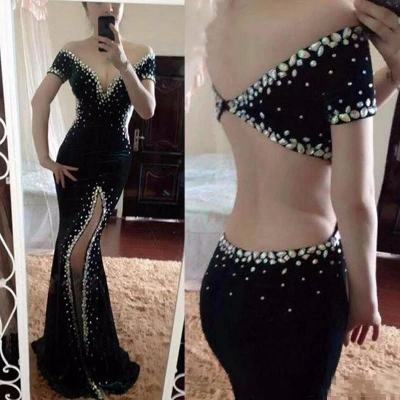 

Sexy Black Velvet Mermaid Prom Dresses Off The Shoulder Crystals Dubai Cut Side Split Formal Evening Pageant Gowns Formal Party