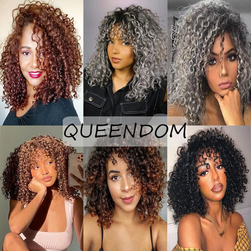Peruca de Comprimento Resistente ao Calor Kinky com Franja Médio Natural Perucas Encaracolado Afro Sintético Ombre Peruca Curto Marrom 2 Peruca de comprimento médio resistente ao calor