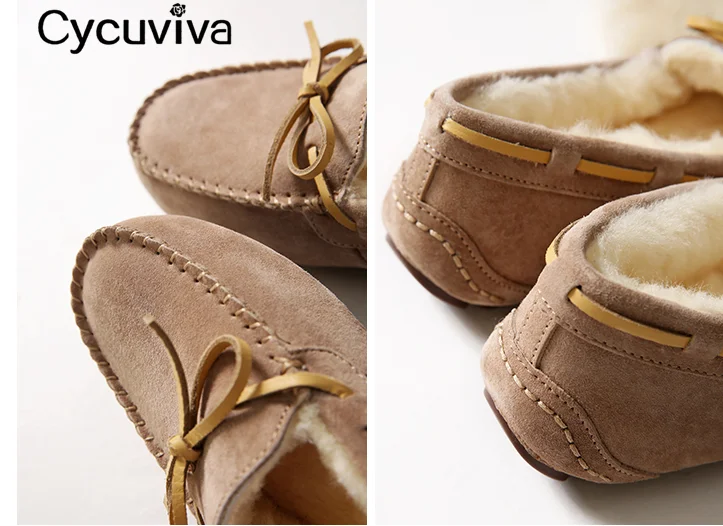 New Bow Wool Boots For Women Concise Slip On Casual Flat Shoes Woman Comfy Warm Runway Ankle Boots Natural Fur Winter Shoes