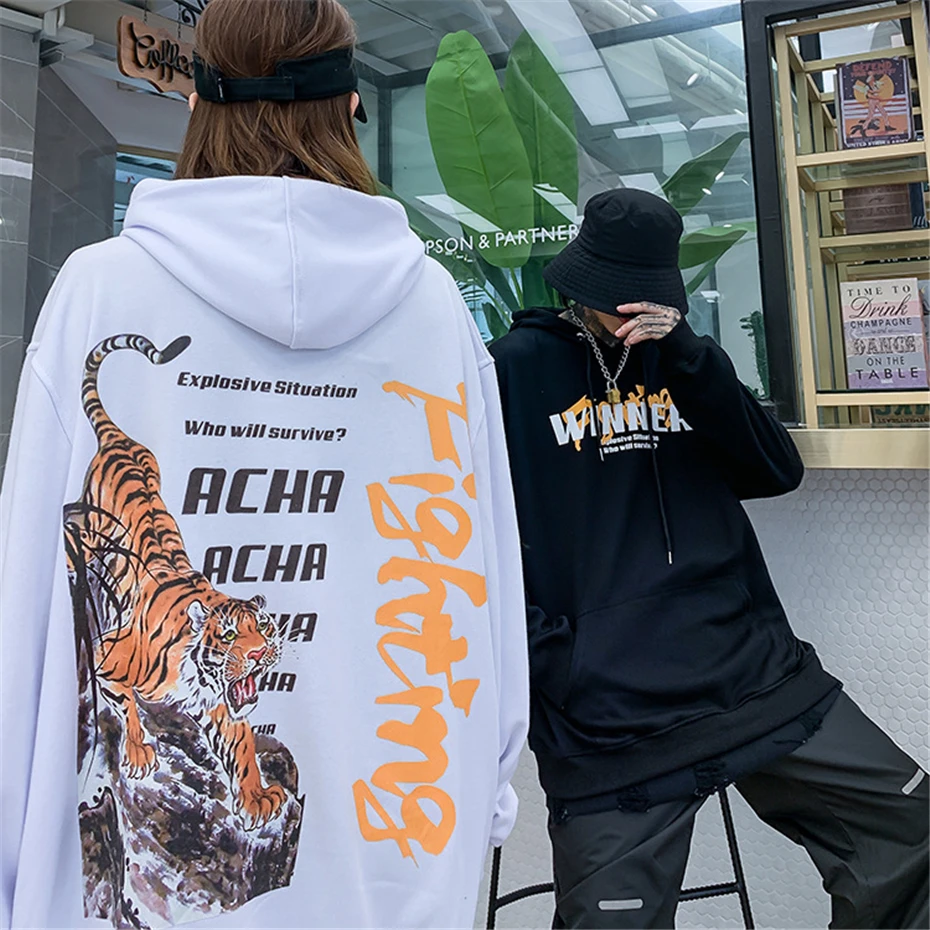 Harajuku толстовка с капюшоном для мужчин хип хоп тигр пуловер, худи с принтом Уличная Повседневная модная одежда мужская осень WG585