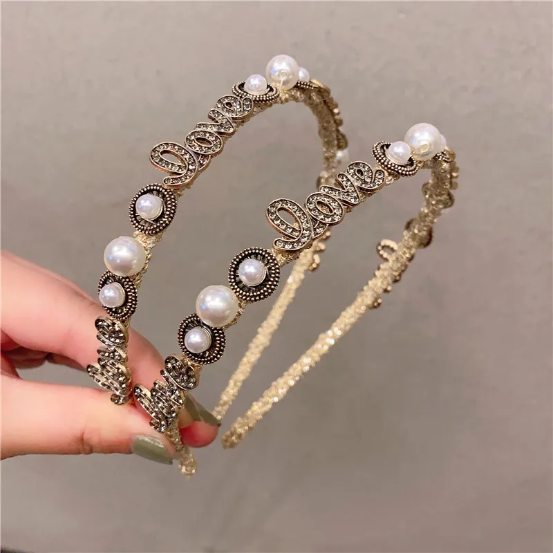 Vintage Golden Letters LOVE Hairbands Elegant Pearl Rhinestone Headband Women 2021 Baroque Headwear Street Hair Accessories