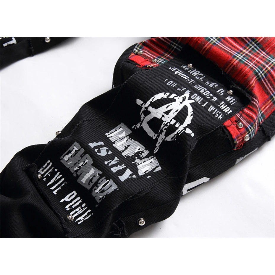 Rivet Punk Denim Jeans Pants Skull Patchwork Streetwear Hip Hop Denim Pants Men