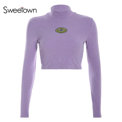 purple Sweetown/фиолетовый базовый женский укороченный топ с длинными рукавами, водолазка, модные осенне-зимние футболки, повседневные облегающие Женские топы с вышивкой - Цвет: purple