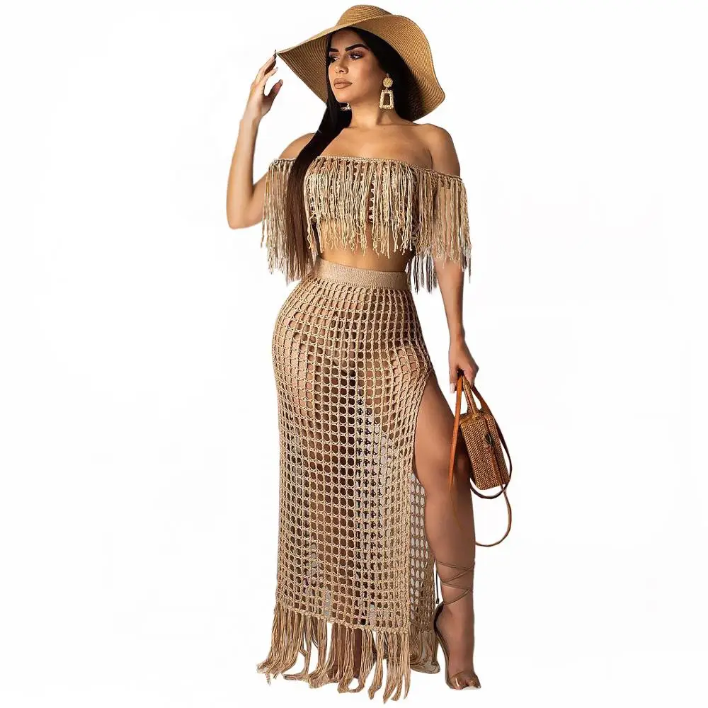 

Fringed Tassel Summer Beach Dress Women Sexy Off Shoulder Maxi Dress Long Sleeve Boho Knit Crochet Hollow Out Party Long Dress