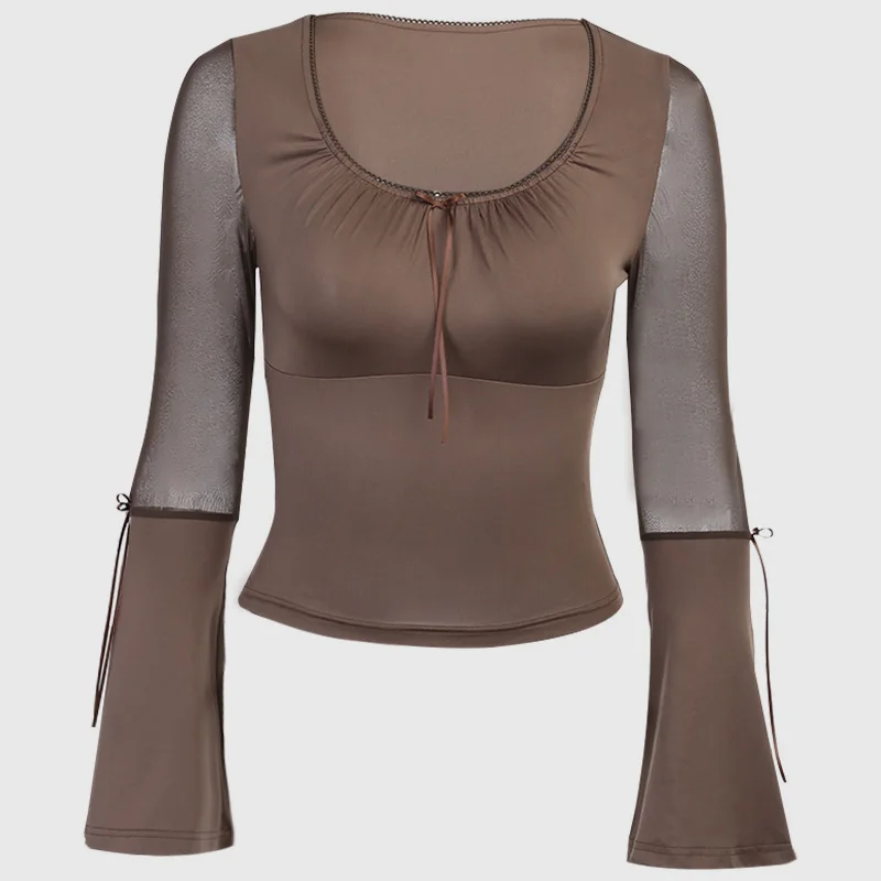 InstaHot women flare full sleeve tshirt slim elegant slim mesh patchwork transparent high street vintage T shirt 2020 femme tops