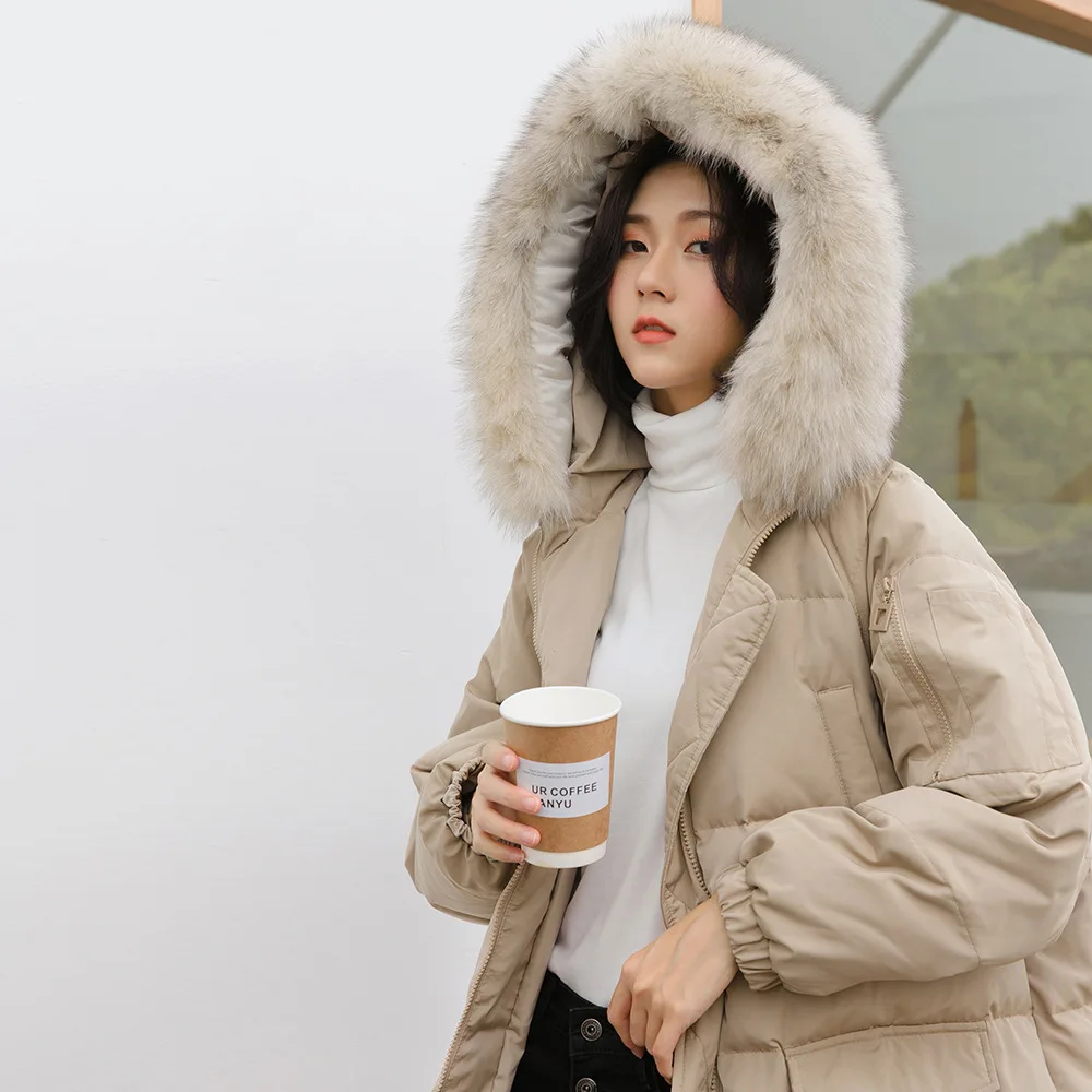 South Korea Dongdaemun Autumn& Winter New Style Simple White Duck down Fox Fur Long Hooded down Jacket Women's W077